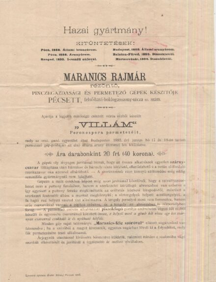 A pécsi Maranics Rajmár rézöntő, pinczegazdasági és permetező gépek készitöje reklámlevele 1895-ből. A pécsi Maranics Rajmár rézöntő, pinczegazdasági és permetező gépek készitöje reklámlevele 1895-ből.