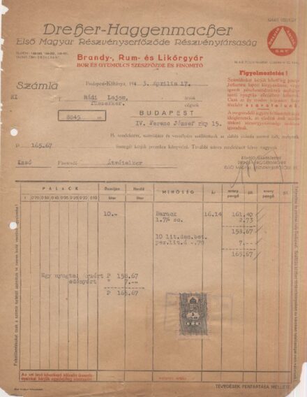 Számla. A Dreher-Haggenmacher Rt számlája Rádi Lajos fűszerkereskedőhöz 1943-ból. Számla. A Dreher-Haggenmacher Rt számlája Rádi Lajos fűszerkereskedőhöz 1943-ból.