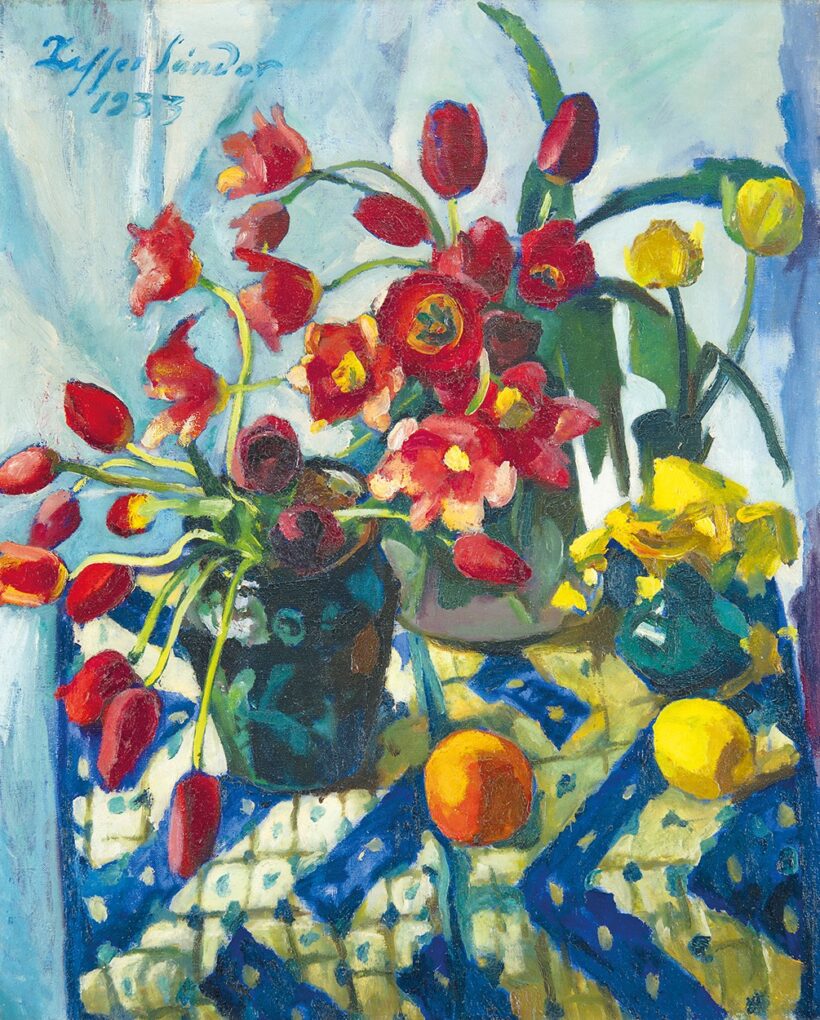 Ziffer Sándor (1880-1962): Tulipános csendélet naranccsal és citrommal, 1933