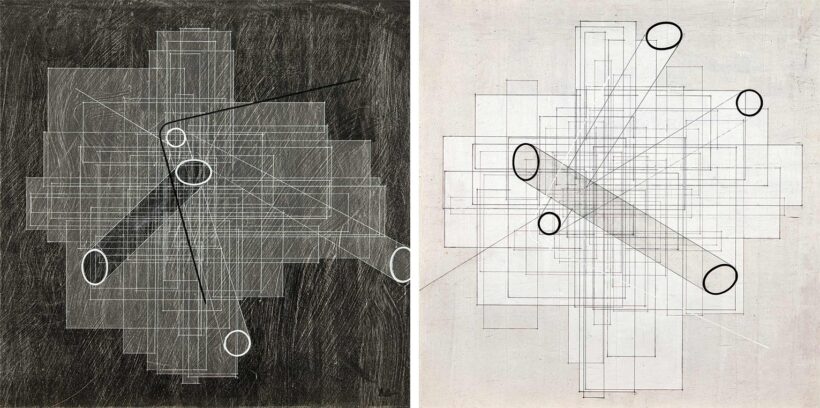 Matzon Ákos (1945): Áttétel 1. (fekete), Áttétel 2. (fehér), 2001