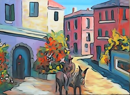 Schéner Mihály (1923 - 2009) : Görög falu utcáján, 1999