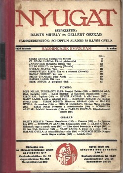 Folyóirat. Nyugat. 1937.  Folyóirat. Nyugat. 1937. XXX. évfolyam. Szerkesztő: Babits Mihály és Gellért Oszkár. I. kötet. (1-6. sz.)