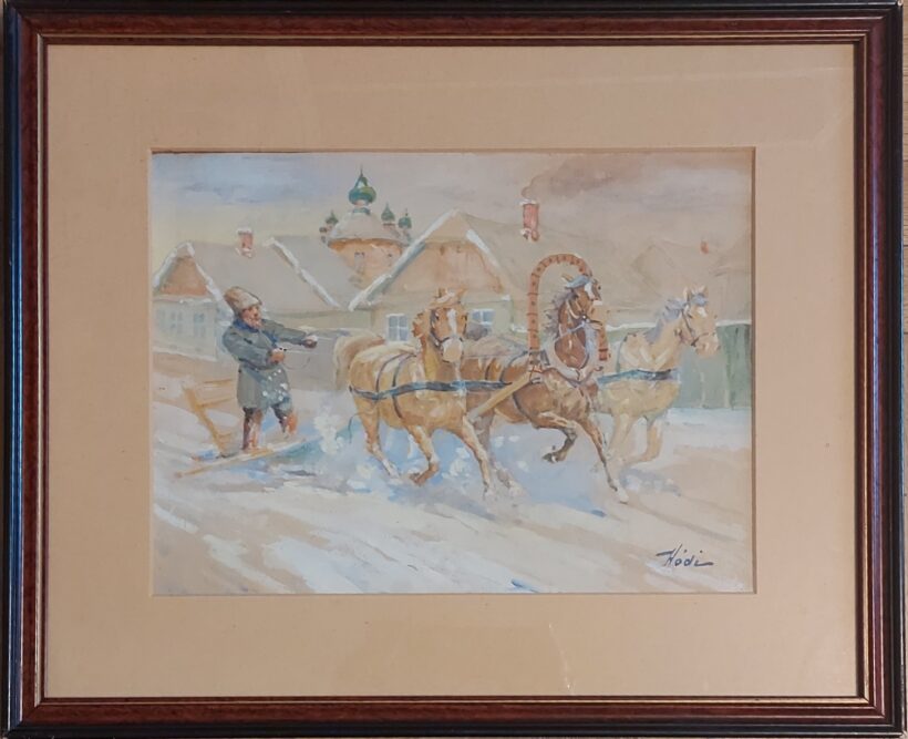 Hódi Géza (1881-1942): Lovasszán a faluban.  Hódi Géza (1881-1942): Lovasszán a faluban. Jelzett, j.l.