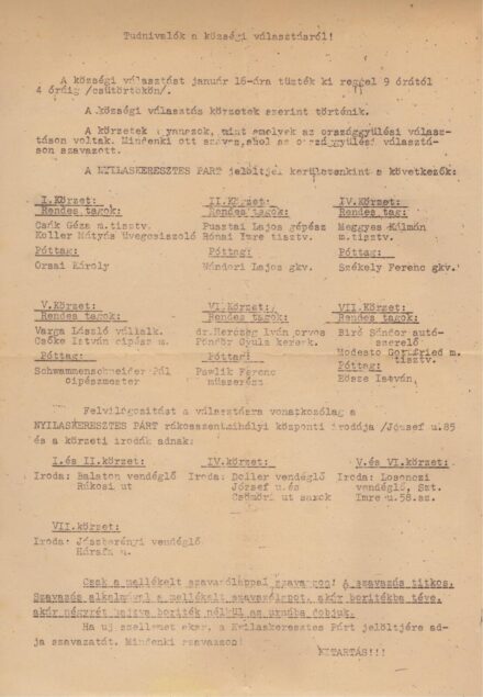 Ezerkilencszáznegyvenes helyhatósági választás.  Ezerkilencszáznegyvenes helyhatósági választás. A  rákosszentmihályi Nyilaskeresztes Párt választási felhívása, a jelöltek nevével.