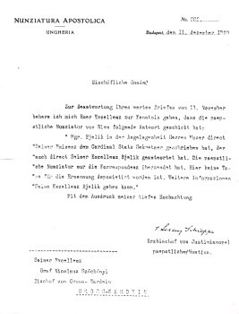 Lorenzo Schioppa (1871-1935) Lorenzo Schioppa (1871-1935) első magyarországi nuncius gépelt, aláírt levele Széchényi Miklós (1868-1923) nagyváradi püspök számára német nyelven 1920-ból.