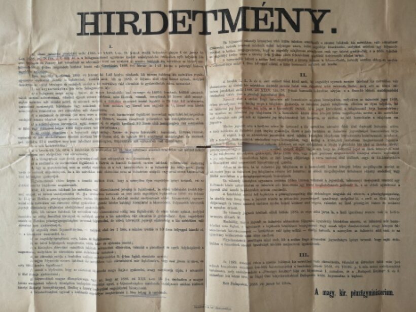 A magy. kir. pénzügyministerium hirdetménye az állami italmérési jövedékről 1889-ből.  A magy. kir. pénzügyministerium hirdetménye az állami italmérési jövedékről 1889-ből.