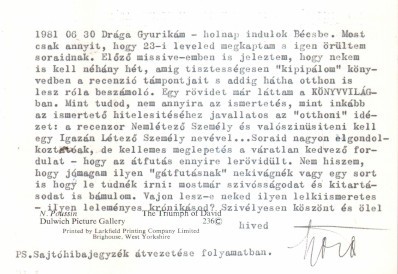 Határ Győző (1914-2006)  Határ Győző (1914-2006) gépelt, aláírt levelezőlapja Rába György (1924-2011) költőnek 1981-ből.