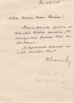 Holub József (1885-1962) Holub József (1885-1962) történész, jogtörténész autográf levele, 1929-ből.