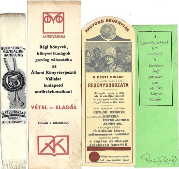 Könyvjelző. Könyvkiadók, antikváriumok, könyvkötők reklámkönyvjelzői  Könyvjelző. Könyvkiadók, antikváriumok, könyvkötők reklámkönyvjelzői a 20. sz. első feléből, 8 db. + A Figaro Szépségszalon reklámkönyvjelzője 1936-ból.