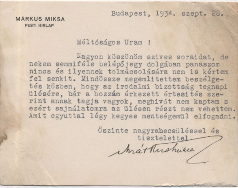 Márkus Miksa (1868-1944)  Márkus Miksa (1868-1944) újságíró, lapszerkesztő gépelt, aláírt levele ismeretlenhez 1934-ből.