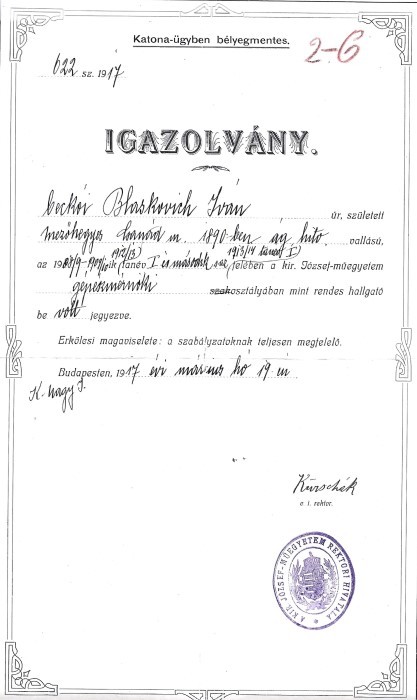 Kürschák József (1864-1933)  Kürschák József (1864-1933) matematikus, egyetemi tanár autográf aláírásával ellátott igazolvány 1917-ből.