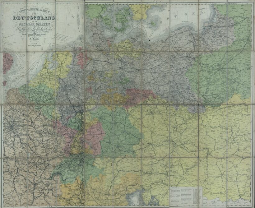 Németország és a szomszédos államok. (1866.) Németország és a szomszédos államok. (1866.) Post- & Reise-Karte von Deutschland und den nachbar Staaten bis Kopenhagen, Dover, Paris, Lyon, Turin, Ferrara, Ofen, Debrecin, Lublin, Grodno, Tauroggen. Nach den n