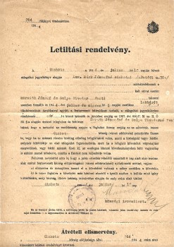 Letiltási rendelvény 1944-ből, 2 db.  Letiltási rendelvény 1944-ből, 2 db.