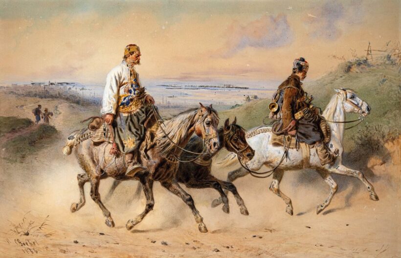 Goebel, Carl (1824-1899): Futárok Belgrád és Konstantinápoly között (Tatár lovasok), 1866