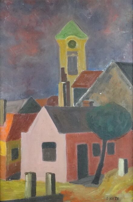 Sikuta Gusztáv (1919-1985): Templom háztetőkkel, 1972