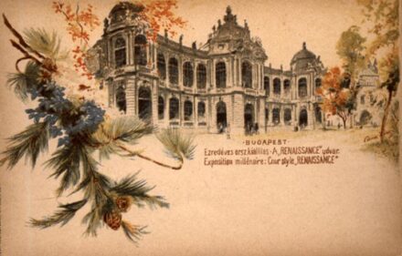 Budapest. Ezredéves Országos Kiállítás, Reneszánsz (Renaissance) udvar.  Budapest. Ezredéves Országos Kiállítás, Reneszánsz (Renaissance) udvar. Litho. Graf. Cserna Károly.