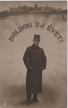 Boldog Új Évet! IV. Károly király üdvözlete, háttérben a budai várral.  Boldog Új Évet! IV. Károly király üdvözlete, háttérben a budai várral.