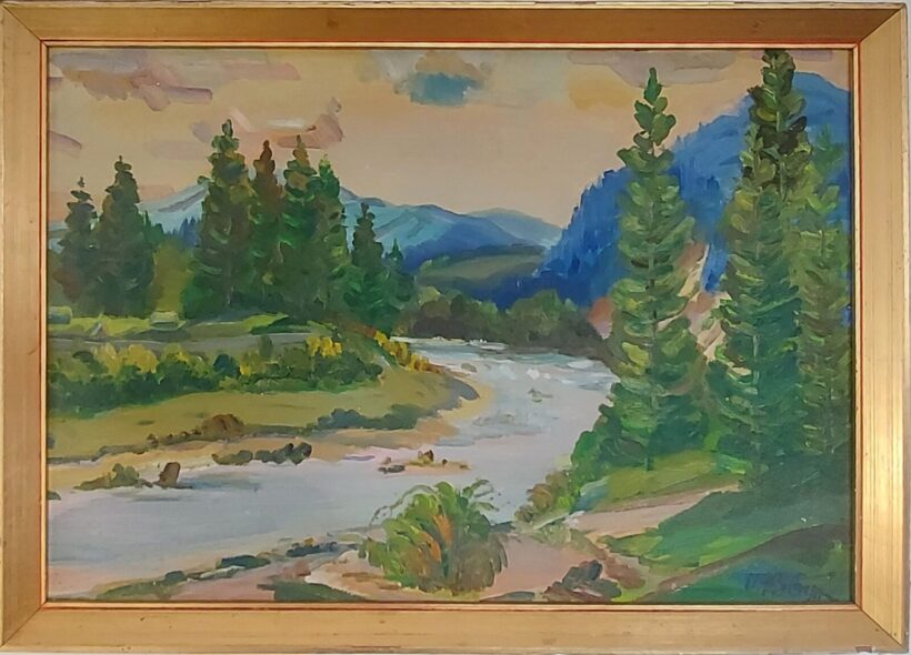 Burcs, Vaszilij (1919-1993): Kárpátok a Latorcával, nyáron.  Burcs, Vaszilij (1919-1993): Kárpátok a Latorcával, nyáron. Jelzett. j.l.