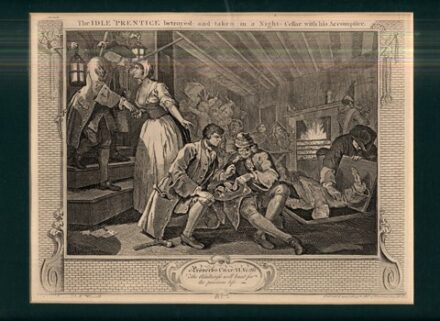 Hogarth, William (1697-1764) Hogarth, William (1697-1764): The Idle 'Prentice Betrayed by his Whore and Taken in a Night Cellar with his Accomplice (Industry and Idleness, plate 9). Rézmetszet. 1747.