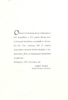 Meghívó. Gerő Ernő (1898-1980)  Meghívó. Gerő Ernő (1898-1980) közlekedésügyi miniszter meghívója a tiszaugi útszakasz átadása alkalmából rendezett ünnepségre 1947-ből.