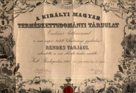 A Kir. Magyar Természettudományi Társulat oklevele 1907-ből.  A Kir. Magyar Természettudományi Társulat oklevele 1907-ből.