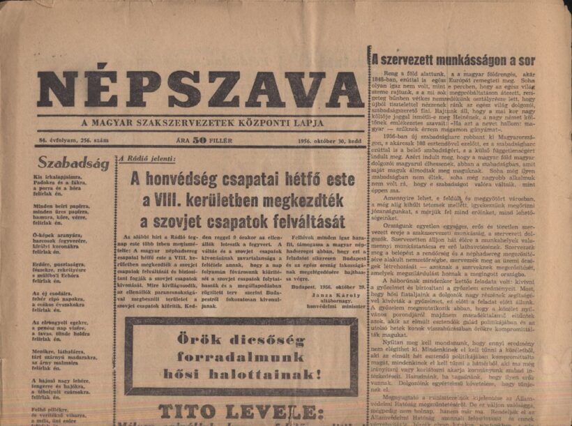 Ezerkilencszázötvenhat. Tito levele.  Ezerkilencszázötvenhat. Tito levele. Népszava. A Magyar Szakszervezetek központi lapja. 84. évf. 256. szám.