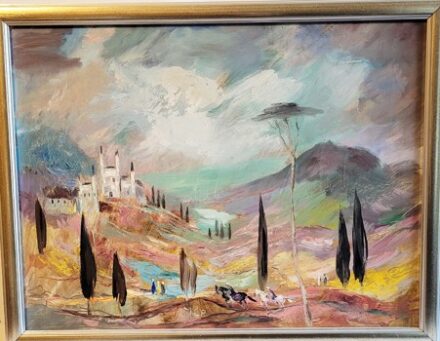 Molnár C. Pál (1894-1981) Molnár C. Pál (1894-1981): Mediterrán táj. Olaj, farost. Jelezve, alul, középen.