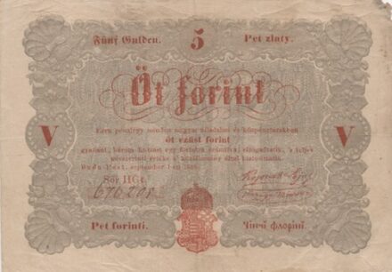 Ezernyolcszáznegyvennyolc. Kossuth-bankó. Öt forint.  Ezernyolcszáznegyvennyolc. Kossuth-bankó. Öt forint.