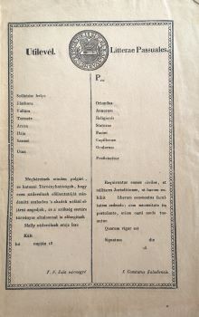 Kitöltetlen utilevél az 1800-as évek elejéről.  Kitöltetlen utilevél az 1800-as évek elejéről. Kétnyelvű (magyar-latin). Zala vármegye dupla példányos, címeres, vízjeles papírján.