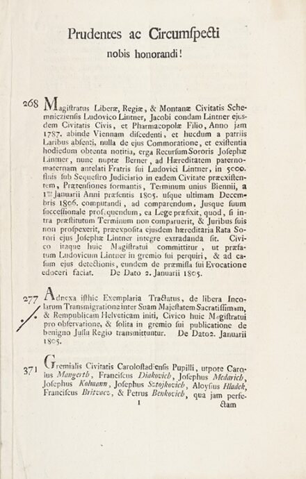 A M. Kir. Helytartótanács nyomtatott, latin nyelvű leirata 1805-ből. A M. Kir. Helytartótanács nyomtatott, latin nyelvű leirata 1805-ből.