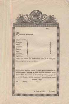 Zala vármegye díszes, a megye címerével díszített, kitöltetlen, keretléces  formanyomtatványa személyleírás bejegyzéséhez az 1830-as évekből.  Zala vármegye díszes, a megye címerével díszített, kitöltetlen, keretléces  formanyomtatványa személyleírás beje