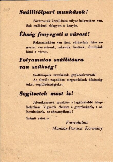 Ezerkilencszázötvenhat. A Forradalmi Munkás-Paraszt kormány Ezerkilencszázötvenhat. A Forradalmi Munkás-Paraszt kormány röplapja a szállítóipari munkásokhoz.