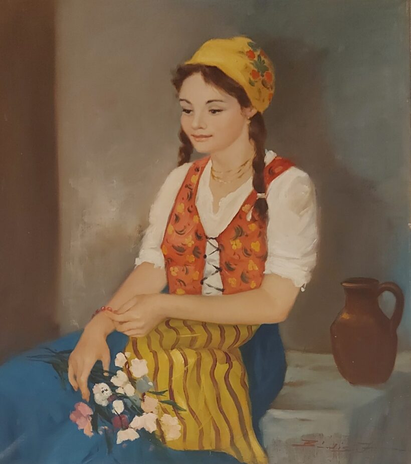 Bódis József ( - ) Bódis József ( - ): Fejkendős lány csokorral. J.j.l.