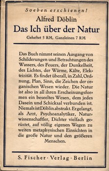 Döblin, Alfred Döblin, Alfred: Das Ich über der Natur. Erste Ausgabe. Első kiadás.