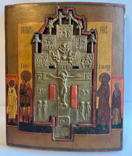 Ikon. Keresztrefeszítés.  Ikon. Keresztrefeszítés. Orosz ikon. 19. század második fele. Fa, tojástempera, középen bronz relieffel.