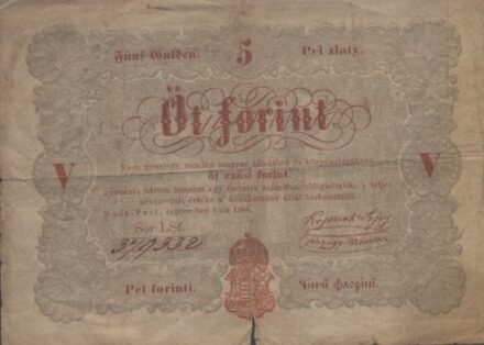 Ezernyolcszáznegyvennyolc. Kossuth-bankó. Öt forint.  Ezernyolcszáznegyvennyolc. Kossuth-bankó. Öt forint.