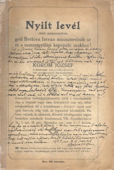 Korom József (1863-) Korom József (1863-): Nyílt levél mint memorandum, gróf Bethlen István és a nemzetgyűlési képviselő urakhoz!