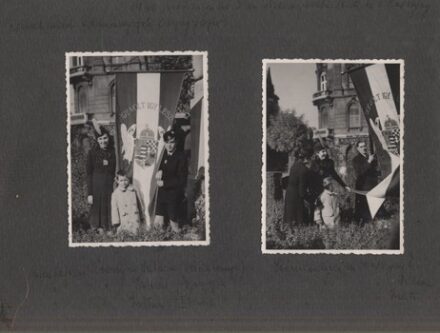 A marosjárai Rozsnyay-család által 1940 november 3-án adományozott és Marosjárába levitt országzászlót, valamint a Rozsnyay-család ifjú tagjait ábrázoló magánfotók, 2 db. A marosjárai Rozsnyay-család által 1940 november 3-án adományozott és Marosjárába le