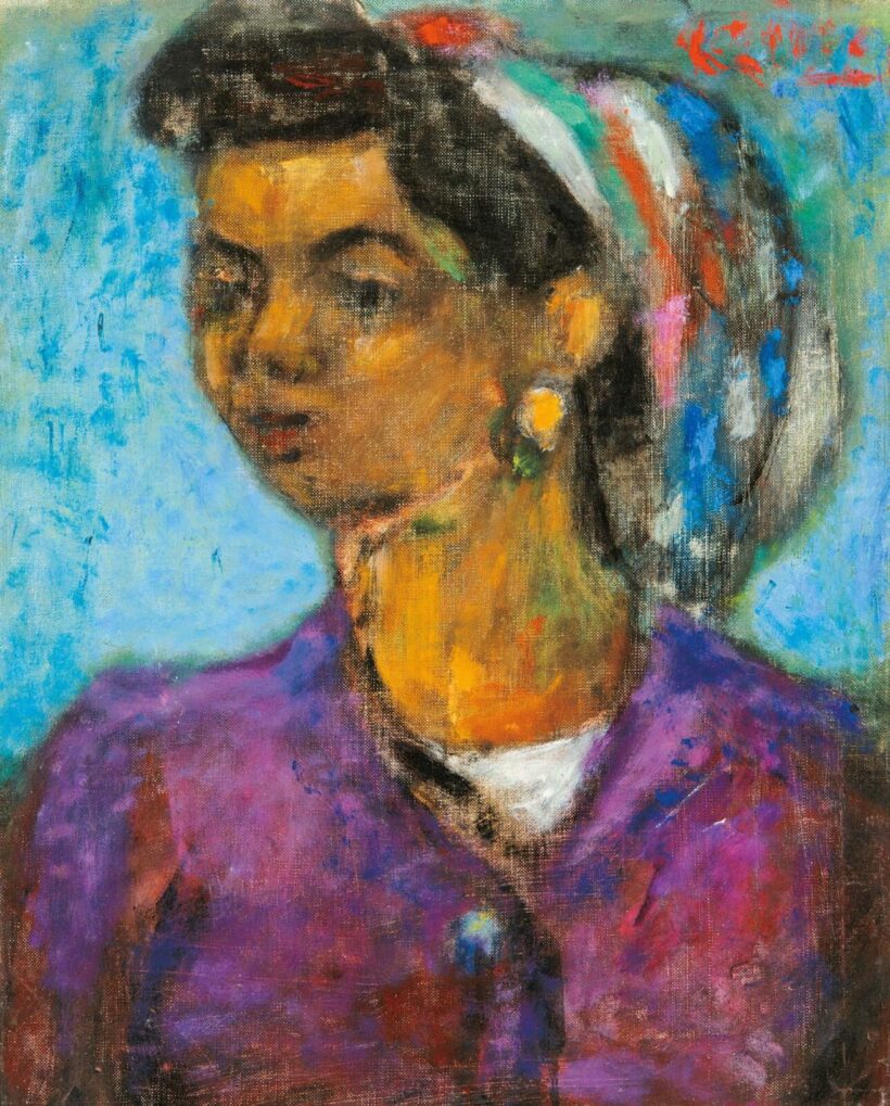Czóbel Béla (1883-1976): Lilaruhás nő színes kendővel, 1973