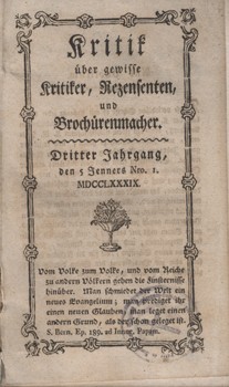 Antik könyvek. Folyóirat. Kritik über gewisse Kritiker, Rezensenten und Brochürenmacher.  Antik könyvek. Folyóirat. Kritik über gewisse Kritiker, Rezensenten und Brochürenmacher. Három évfolyam. 1789, 1791 és 1793.