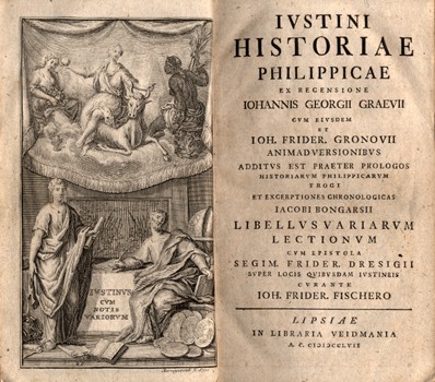 Antik könyvek. (Justinus, Marcus Junianus) Antik könyvek. (Justinus, Marcus Junianus): Iustini Historiae Philippicae... Az előzéklapon Szeremley György, Batthyány Lajos (1696–1765) kancellár, nádor titkárának possessori bejegyzésével 1766-ból.