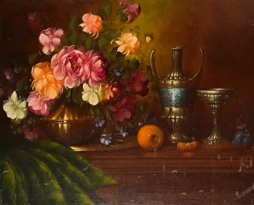 Komáromi - Kacz Endréné (1883 - 1954)  Komáromi - Kacz Endréné (1883 - 1954) : Csendélet virággal, vázával, gyümölccsel. J.b.l.