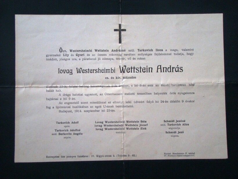 1914 Gyászjelentés lovag westersheimbi Wettstein András (1864-1938) cs. és kir. százados hősi halotti gyászjelentése