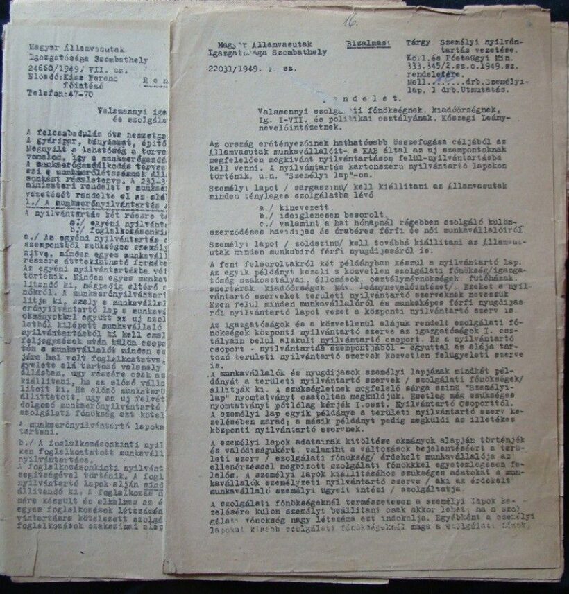 1949. Bizalmas rendelet a Magyar Államvasutak Szombathelyi Igazgatóság részére a Személyi nyílvántartás vezetésére. Eplényi és a Tapolcai állomásfőnökségnek.