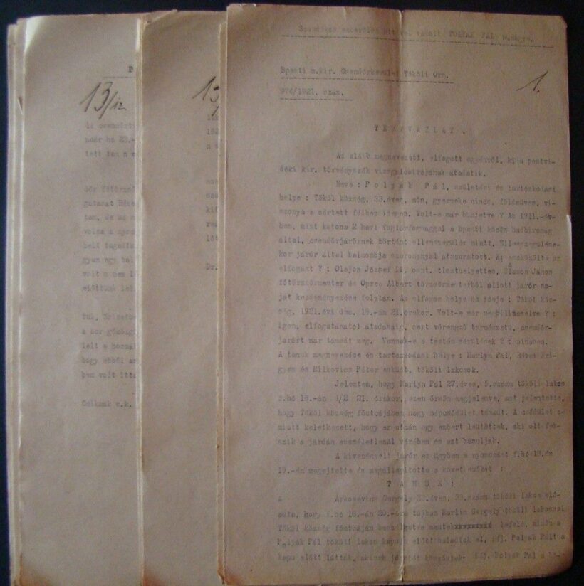 1921 Szándékos emberöléssel vádolt személy bünügyi és tanukihallgatási jegyzökönyvei a a Tököli csendörőrsön felvéve