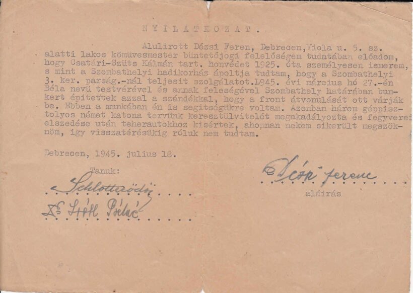 1945 Nyílatkozat tartalékos honvéd és családjának eltünéséről