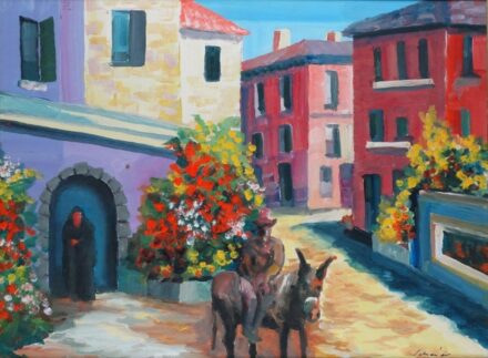 Schéner Mihály (1923 - 2009) : Görög falu utcáján, 1999