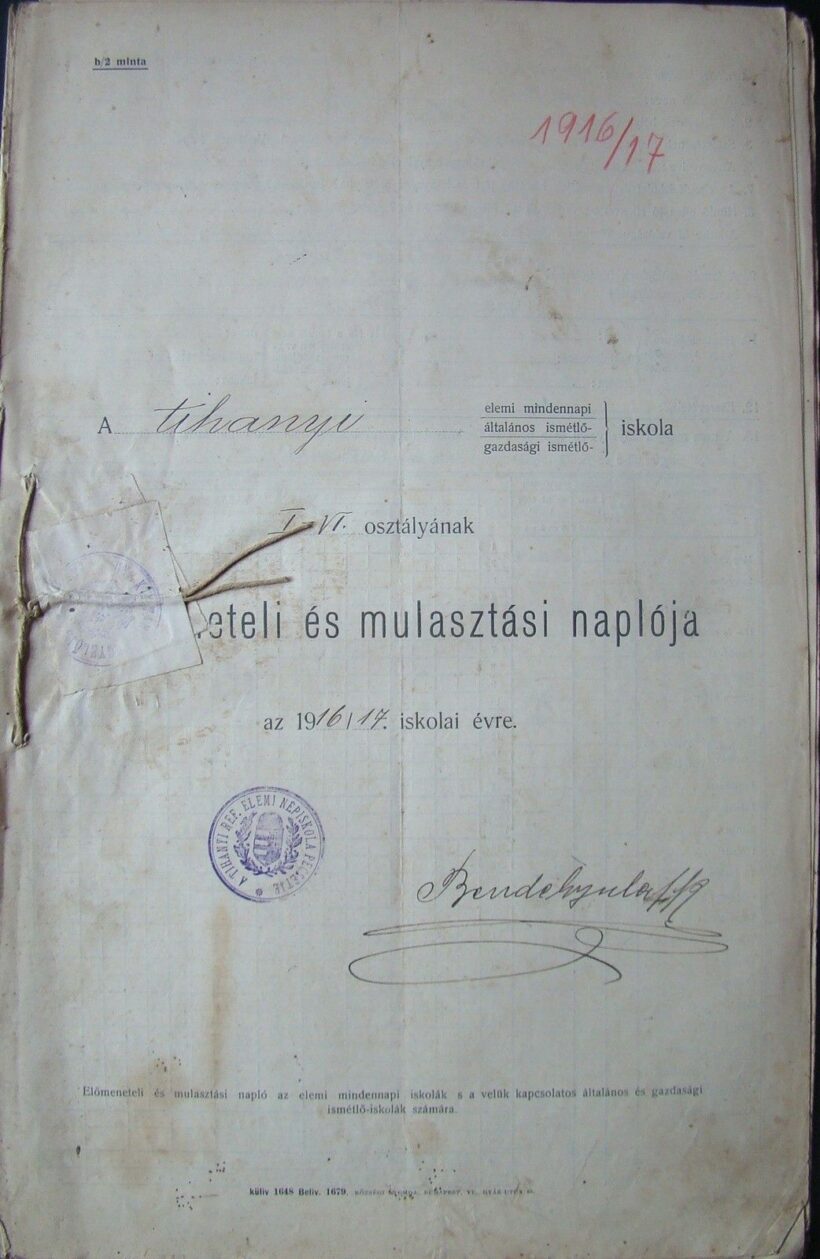 Tihanyi református elemi iskola I.-VI. osztályának előmeneteli és mulasztási naplója az 1916/1917. iskolai évre