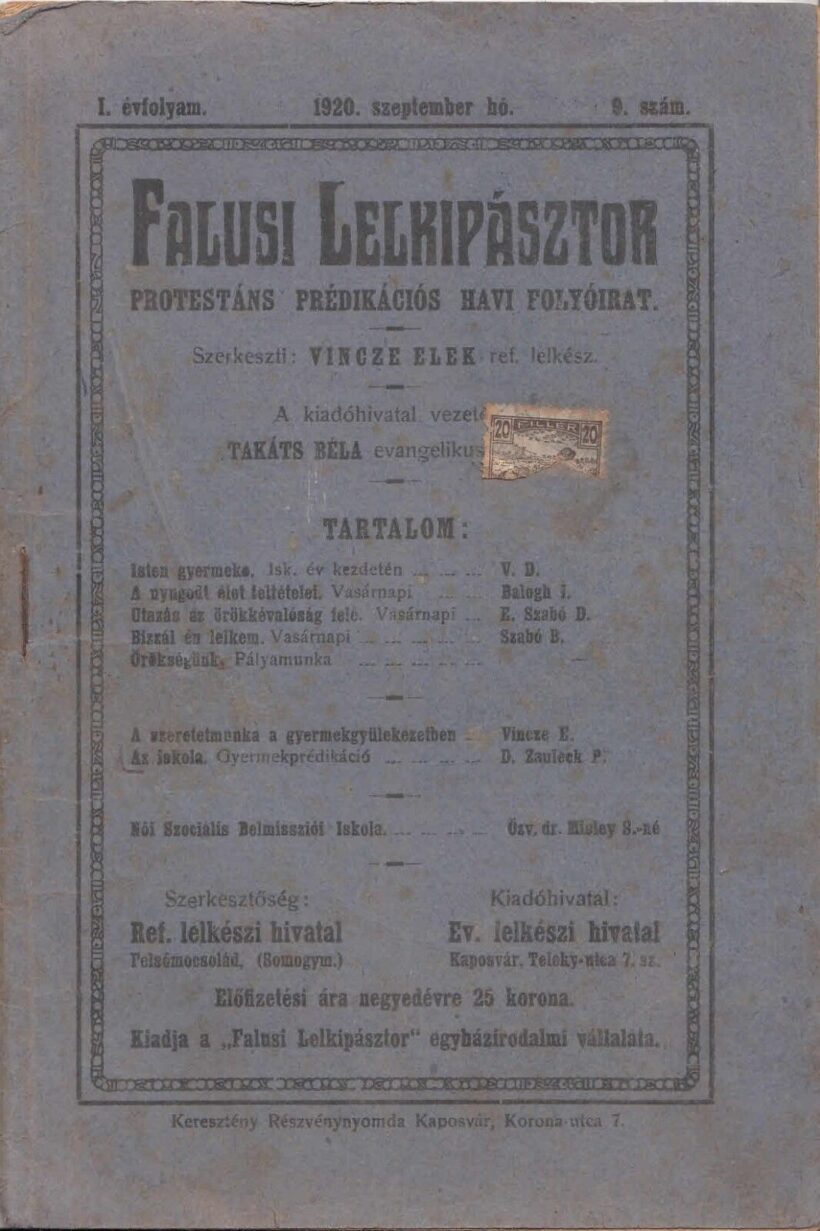 45-1363 1920 Falusi Lelkipásztor / Protestáns prédikációs havi folyóirat I. évfolyam 9 szám.