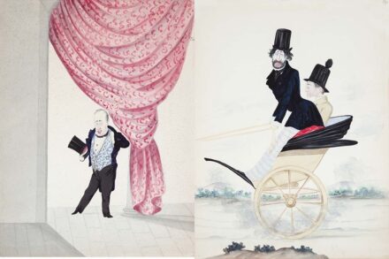 Ismeretlen 19. századi itáliai mester Antonio Bolognini Amorini olasz író, történész hintóban (Karikatúra); Félénk sármőr (Karikatúra)